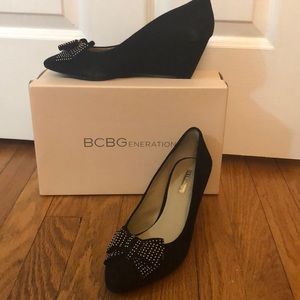 BCBG black suede wedges